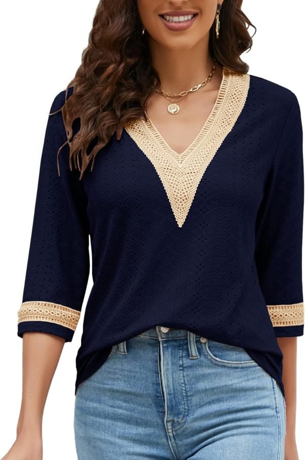 71hc2wnxE2L._AC_SL1500 Women's Casual 3/4 Sleeve Shirts Lace V Neck Color Block Dressy Tops Trendy Hollow Floral Blouses T Shirts S-XXL