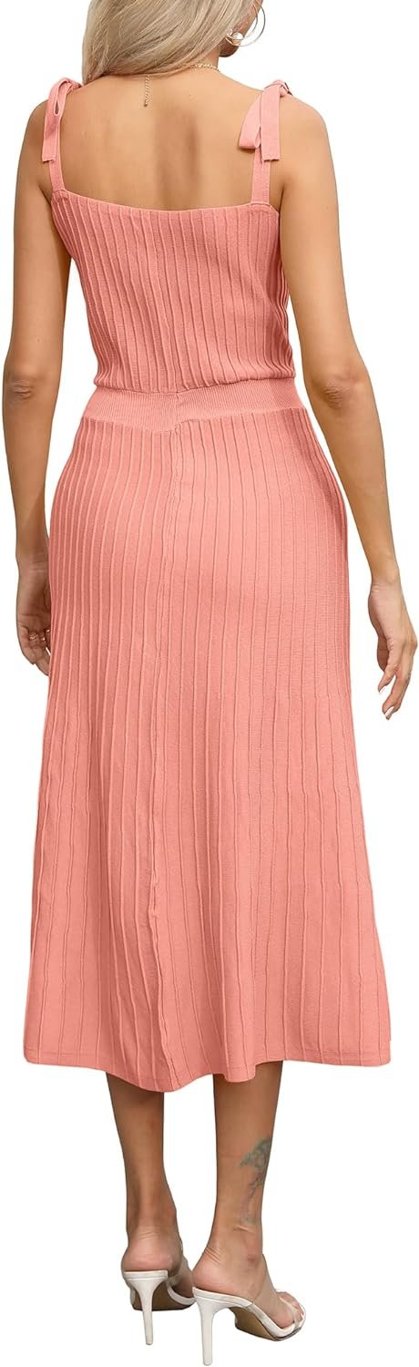 Women's 2024 Summer Maxi Dresses Tie Spaghetti Strap Square Neck Ribbed Knit Dress