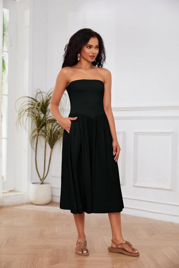 71s5xtR0SxL._AC_SL1500 Women Off Shoulder Midi Dress Strapless Sleeveless Drop-Waist A Line Tube Dress Trendy Summer Swing Patchwork Dress