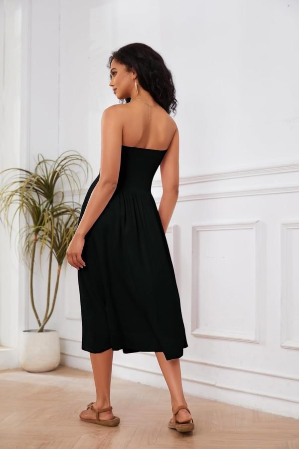 71uhvjTw5YL._AC_SL1500 Women Off Shoulder Midi Dress Strapless Sleeveless Drop-Waist A Line Tube Dress Trendy Summer Swing Patchwork Dress