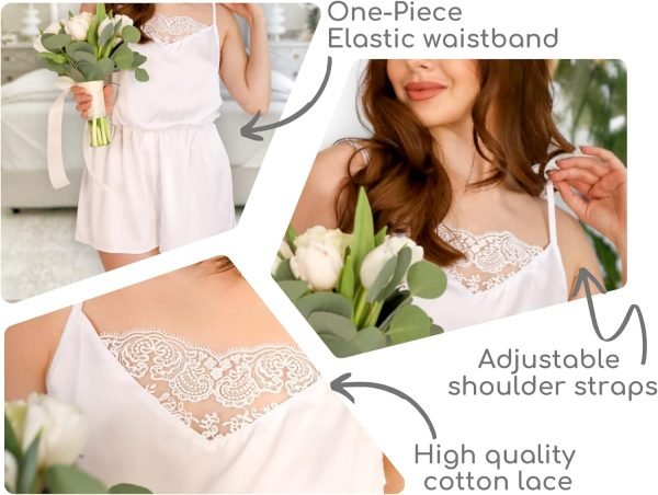 Women’s White Lace Romper- Comfy Vegan Silk One Piece Pajama With Shorts