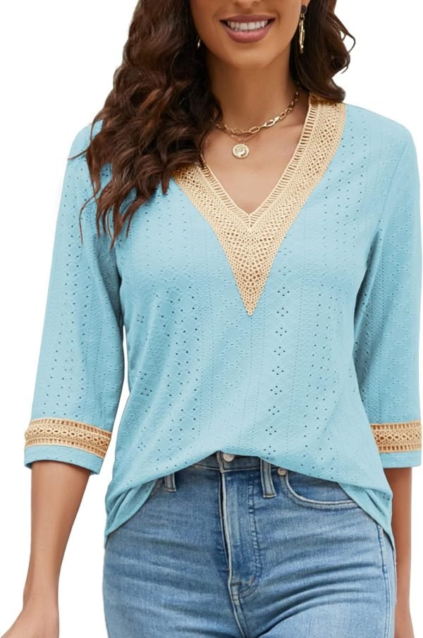 71uztKULULL._AC_SL1500 Women's Casual 3/4 Sleeve Shirts Lace V Neck Color Block Dressy Tops Trendy Hollow Floral Blouses T Shirts S-XXL