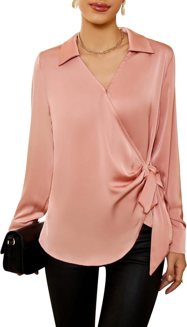 Women's Satin Silk Blouses Wrap V Neck Shirts Long Sleeve Elegant Tie Waist Office Formal Work Tunic Pullover Tops