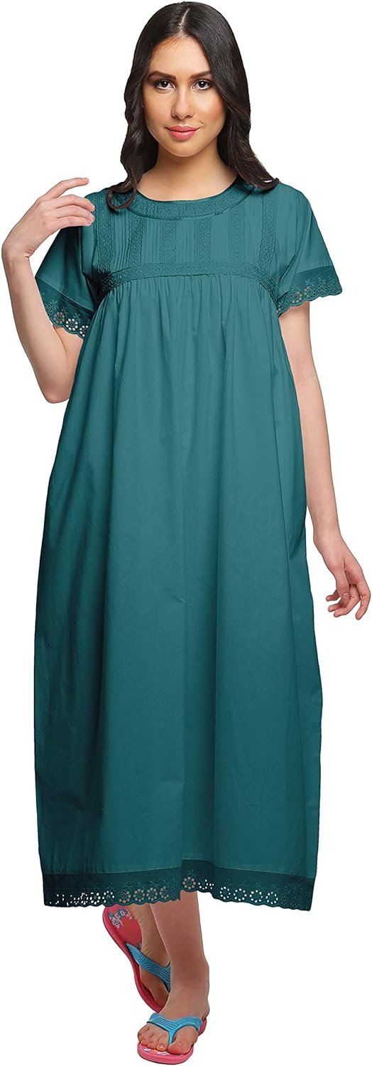 Lace Neckline Cotton Sleepwear For Ladies Womens Round Neck Nightdress