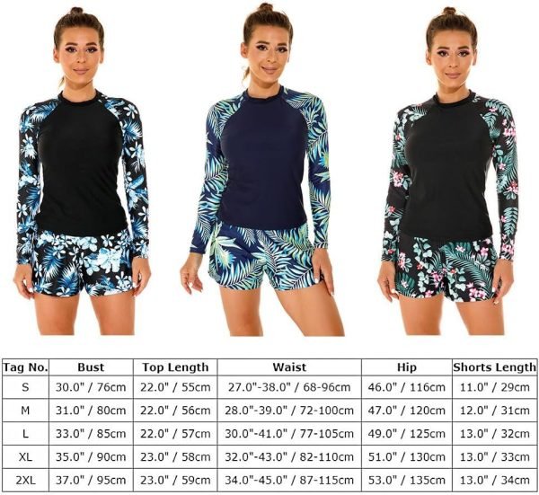 Women 2 Piece Rash Guard Long Sleeve Swimsuits Swim Shirt with Shorts Set Sun Protection UPF 50+ Surf Bathing Suits