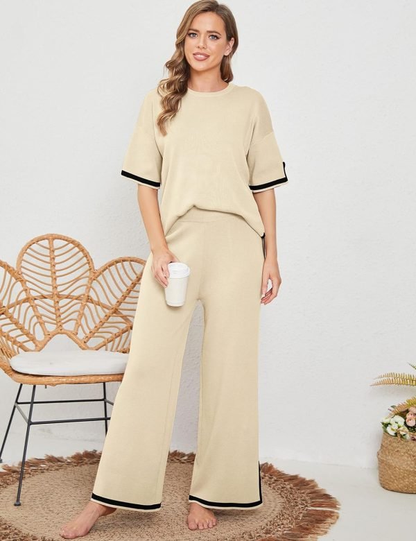 Womens Knit 2 Piece Sweater Sets Short Sleeve Pullover Tops Elastic Waist Wide Leg Pants Lounge Set