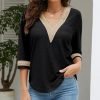 81imzwUNCoL._AC_SL1500 Women's Casual 3/4 Sleeve Shirts Lace V Neck Color Block Dressy Tops Trendy Hollow Floral Blouses T Shirts S-XXL