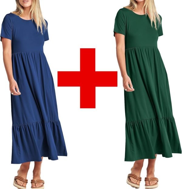 Womens Summer Dresses Casual Short Sleeve Crewneck Swing Dress Casual Tiered t Shirt Dress with Pockets 2024 Trendy Outfits
