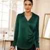 Women's Satin Silk Blouses Wrap V Neck Shirts Long Sleeve Elegant Tie Waist Office Formal Work Tunic Pullover Tops