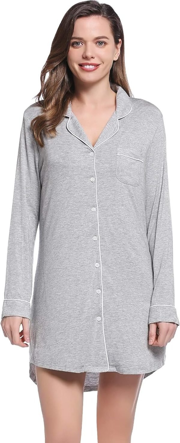 Womens Bamboo Viscose Sleep Shirt Long Sleeve Button Down Nightgowns Boyfriend Nightshirt S-XXL